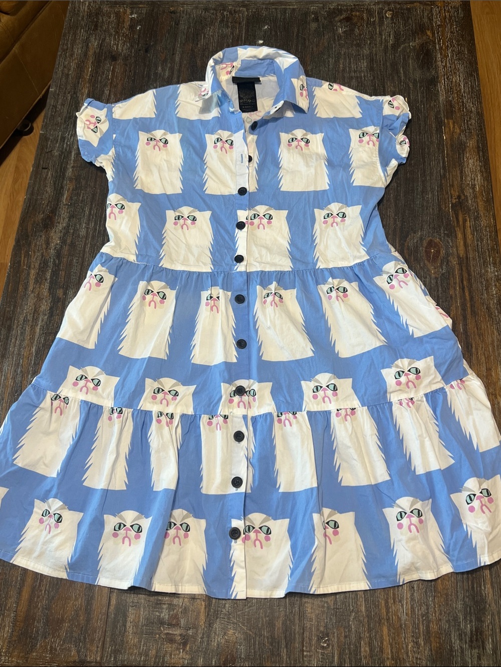 Nooworks Blue Button-Front Dress with Grumpy Cat Print - Oversized